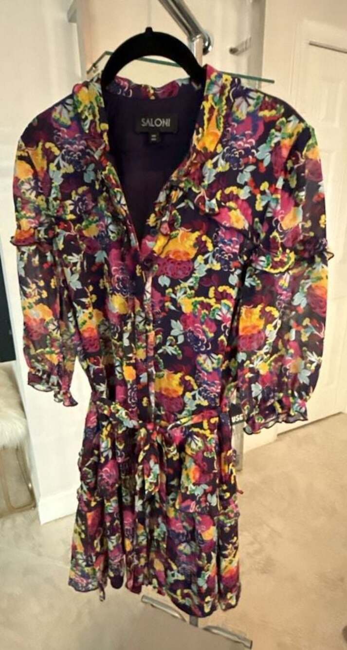Saloni Floral Printed Silk Ruffle Mini Dress with Waist Tie US 2